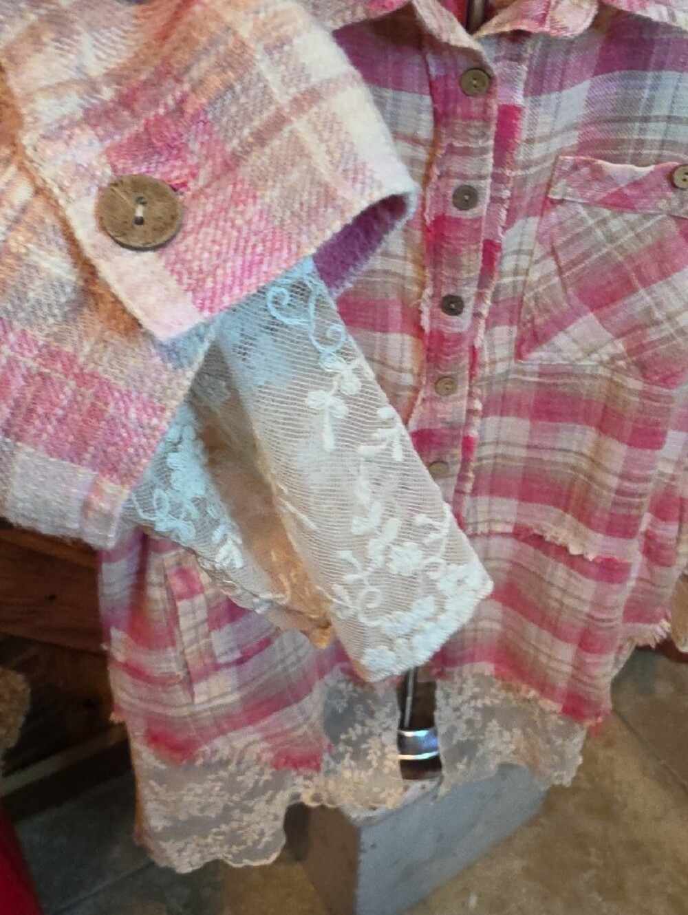 100p Oli & Hali Pink and Cream Plaid Button-Up  with Lace Trim - Picture 9 of 15